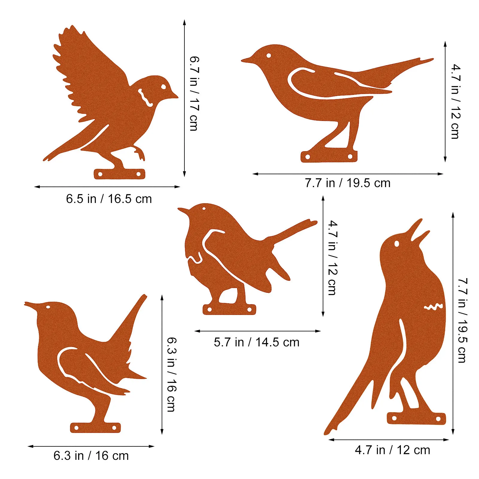 5Pcs Rusty Birds Decoration Artistic Silhouette Outdoor Garden Fence Metal Rusty Garden Birds Sculpture Ornamental