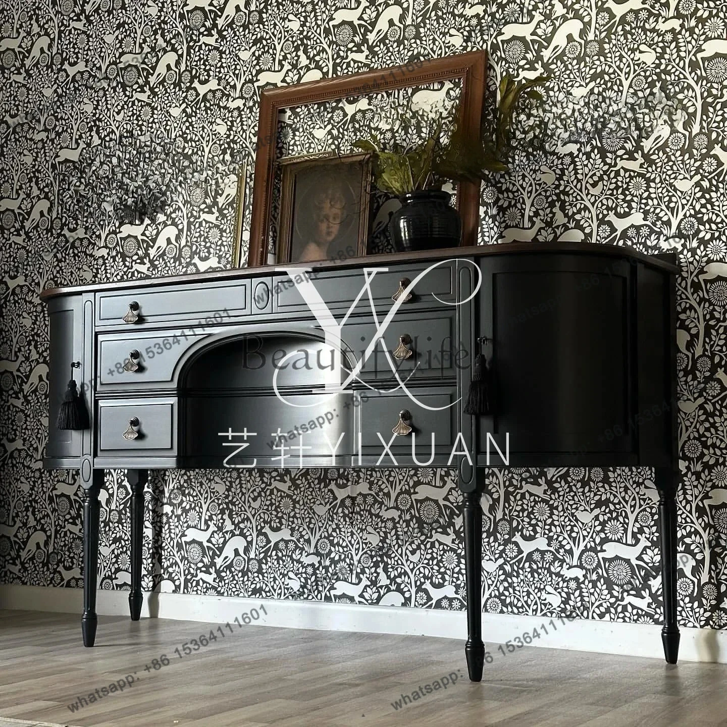 

yj21 French retro solid wood black dining side cabinet American living room integrated wall storage locker furniture customizati