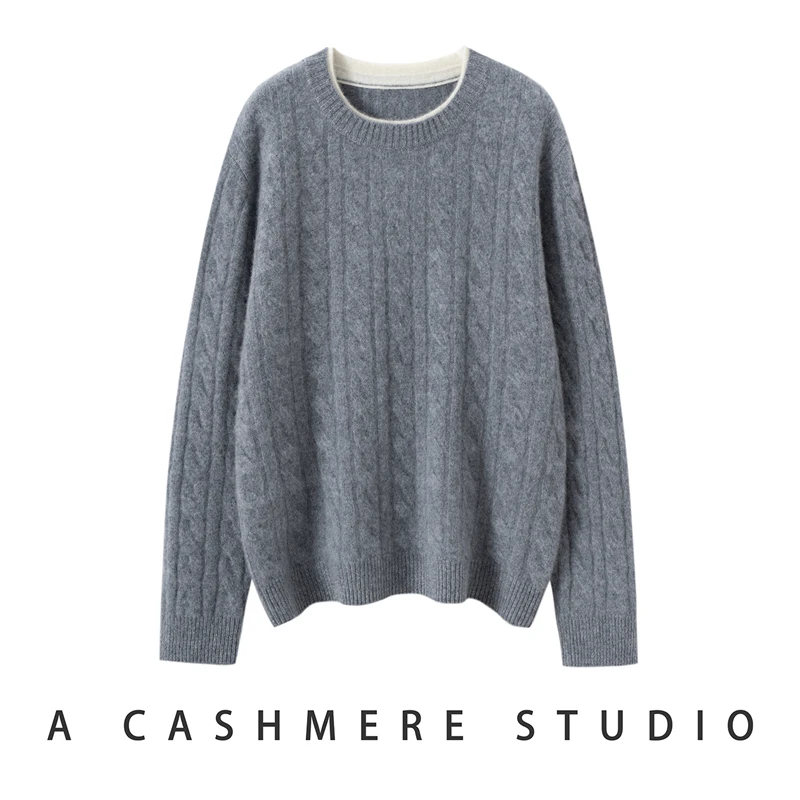 ADDONEE Sweter Pullover Leher-o Kasmir 100% Wanita Rajutan Kabel Pakaian Rajut Kasmir Gaya Sederhana Atasan Pakaian Musim Gugur Musim Dingin