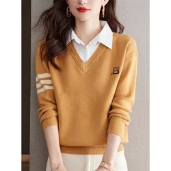 Female Top Casual Solid Chic Loose Sweaters Women Clothing Knitted Spliced Daily Fashion Knitwear Spring Autumn New Jumpers