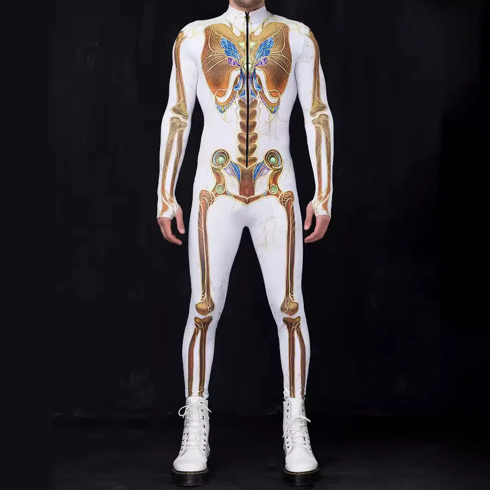 Men Mechanical Colorful Print Cyber Skeleton Cosplay Punk Jumpsuit Zentai Bodysuit Costume Halloween Party Performance Suit