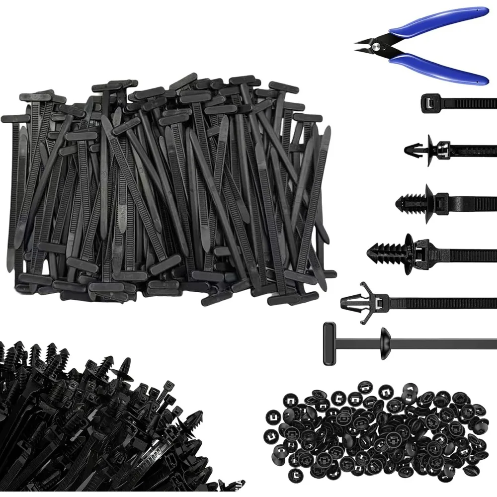 ชุดสายรัดเคเบิลไนลอนอเนกประสงค์ 261 ชิ้น - สายรัดไนลอนอเนกประสงค์พร้อมดีไซน์แบบกระดุม, สายรัดเคเบิลพร้อมที่ตัดสายแบบเรียบ