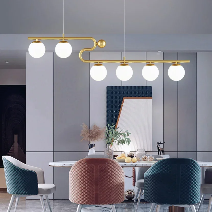 Modern LED Dining Room Table Chandelier Long Line Strip Glass Ball Hanging Lamp Over Kitchen Island Bar Pendant Lights