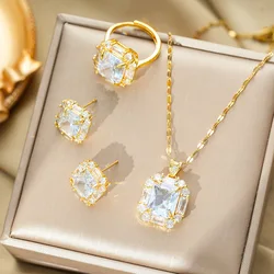 Stainless Steel Chain Luxury Geometric Large Zircon Necklace Stud Earrings Adjustable Ring Jewelry Set Wedding Party Accessories