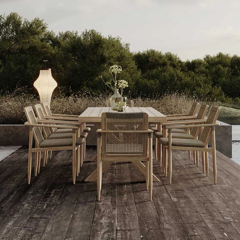 Old teak outdoor rattan woven tables and chairs, rainproof and sun proof, courtyard villa, garden, sunshine room, outdoor