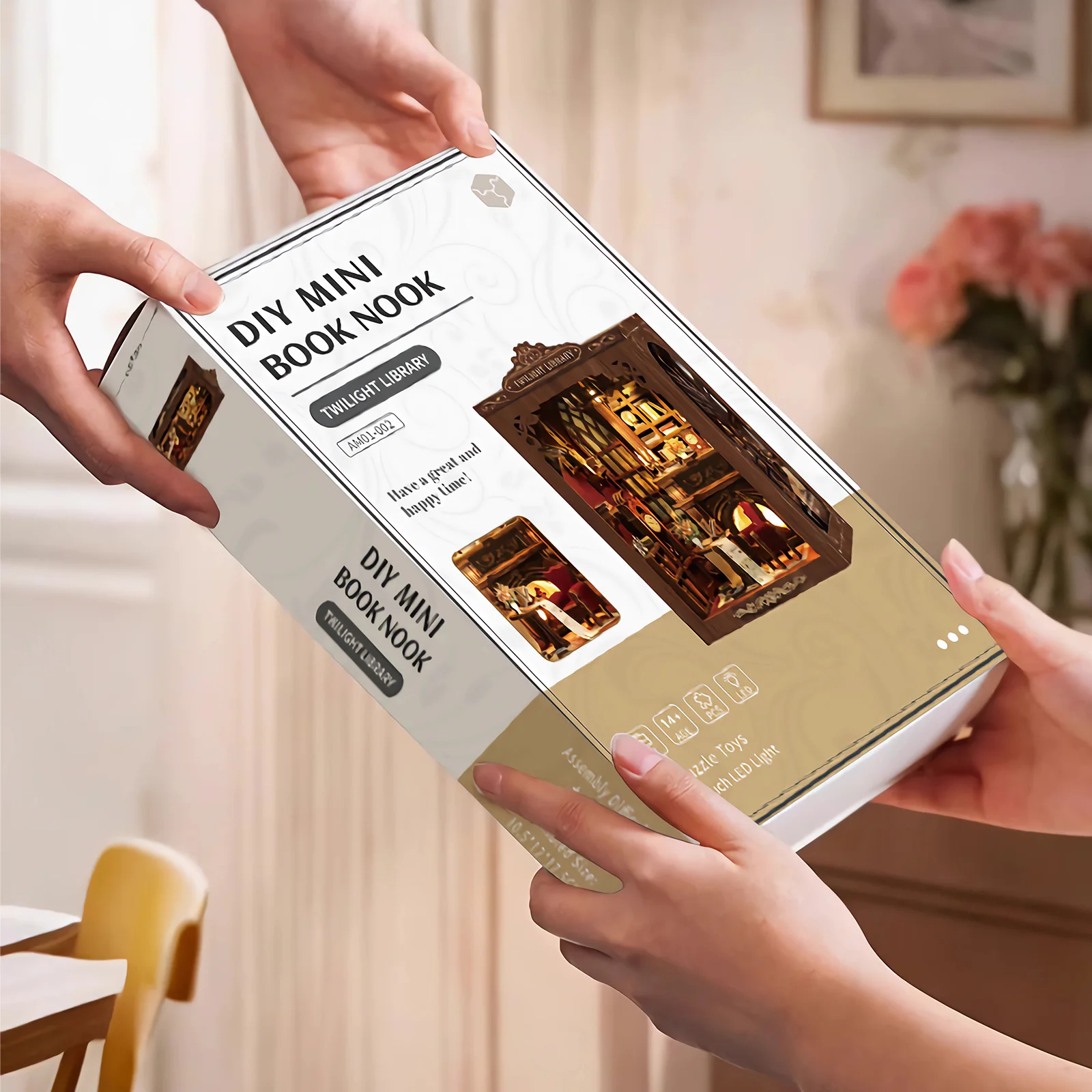 Kit di angolo per libri in legno 3D Casa delle bambole in miniatura fai-da-te Angolo di lettura crepuscolare Progetto creativo Regalo per gli amici Compleanno Decorazioni per la casa