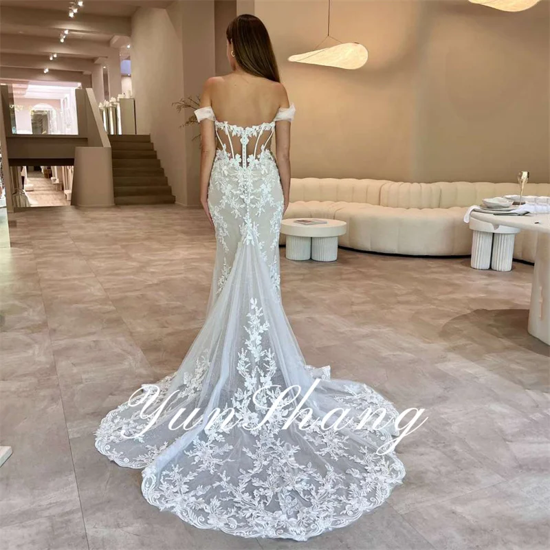 Yunshang elegante sereia vestido de casamento feminino aberto volta renda querida fora do ombro vestido de noiva novia personalizado