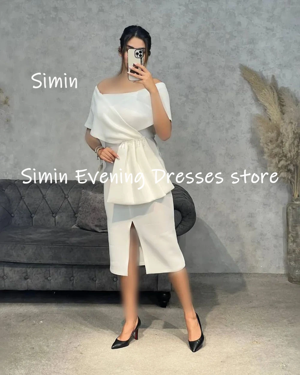 Simin Satin Mermaid Off-the-shoudler Neckline Ruffle Formal Prom Gown Tea-length Evening Elegant Party dresses for women 2023