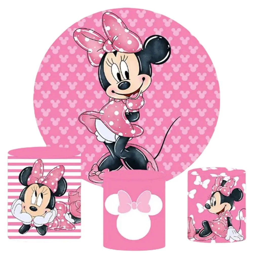 Minnie Mouse Elastic Round Backdrop 3 Cylinder Cover 4 Piece Background Photography Baby Shower Girl Birthday Party Bnner Props