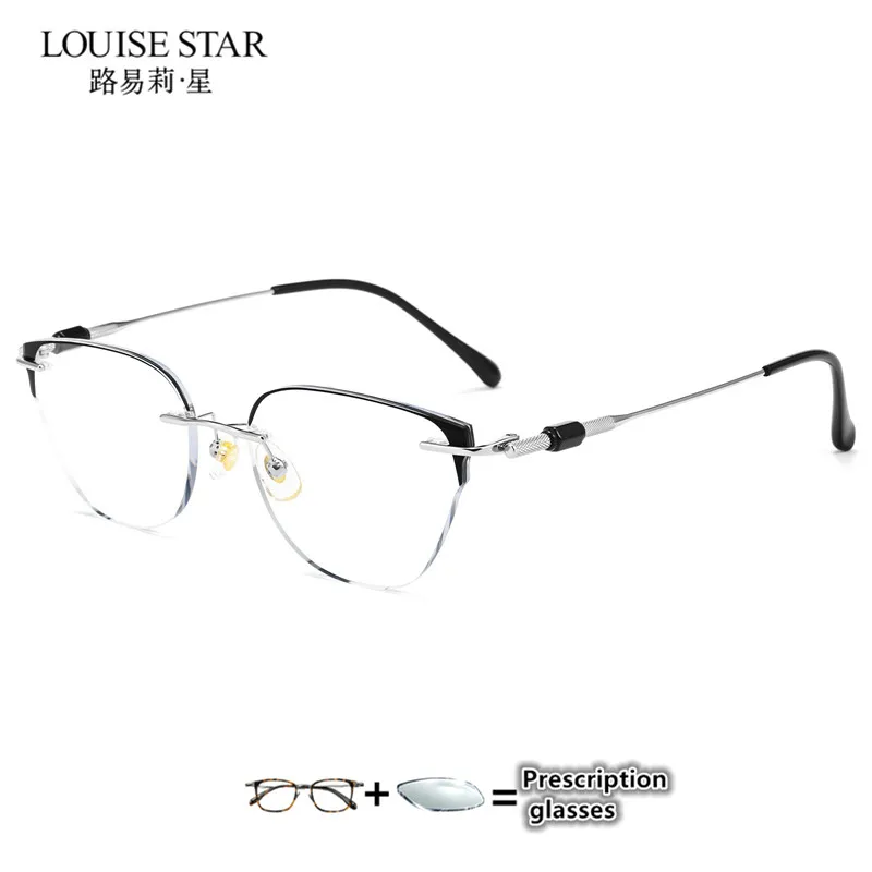 Diamond trimmed frameless glasses for nearsighted women, fashionable cat eyes, pure titanium prescription, plain faced women