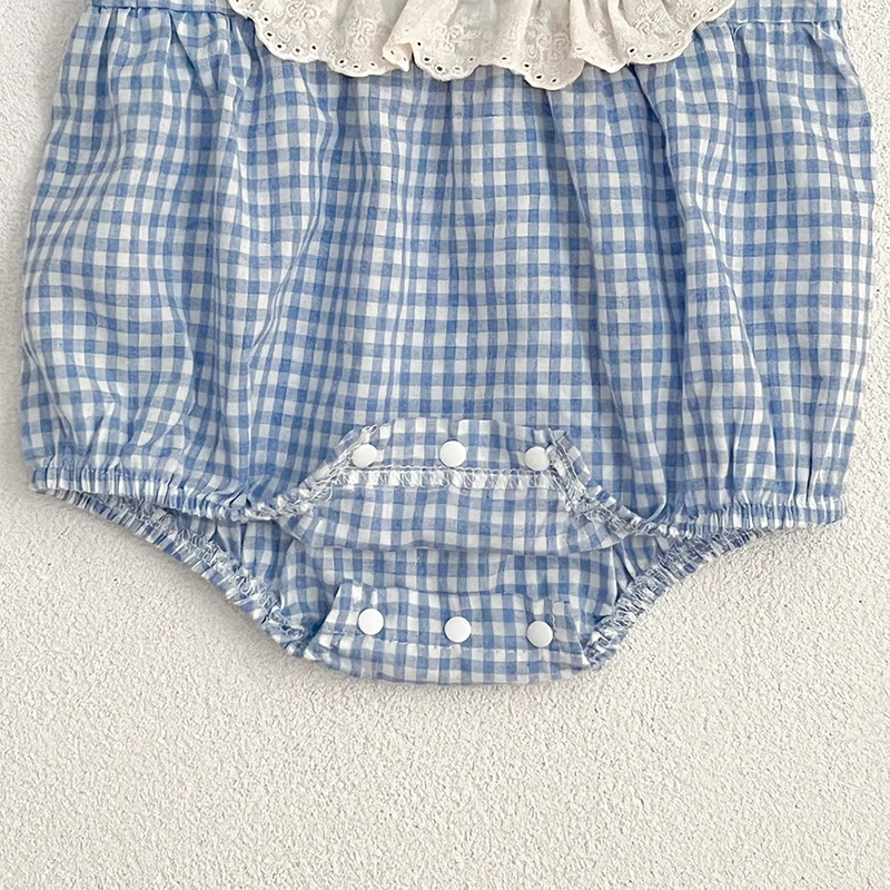 New Summer Baby Girls Romper Newborn Lace Clothing Vintage Blue Grid Infant Embroidery Jumpsuit Toddler Girls One-Piece Clothing