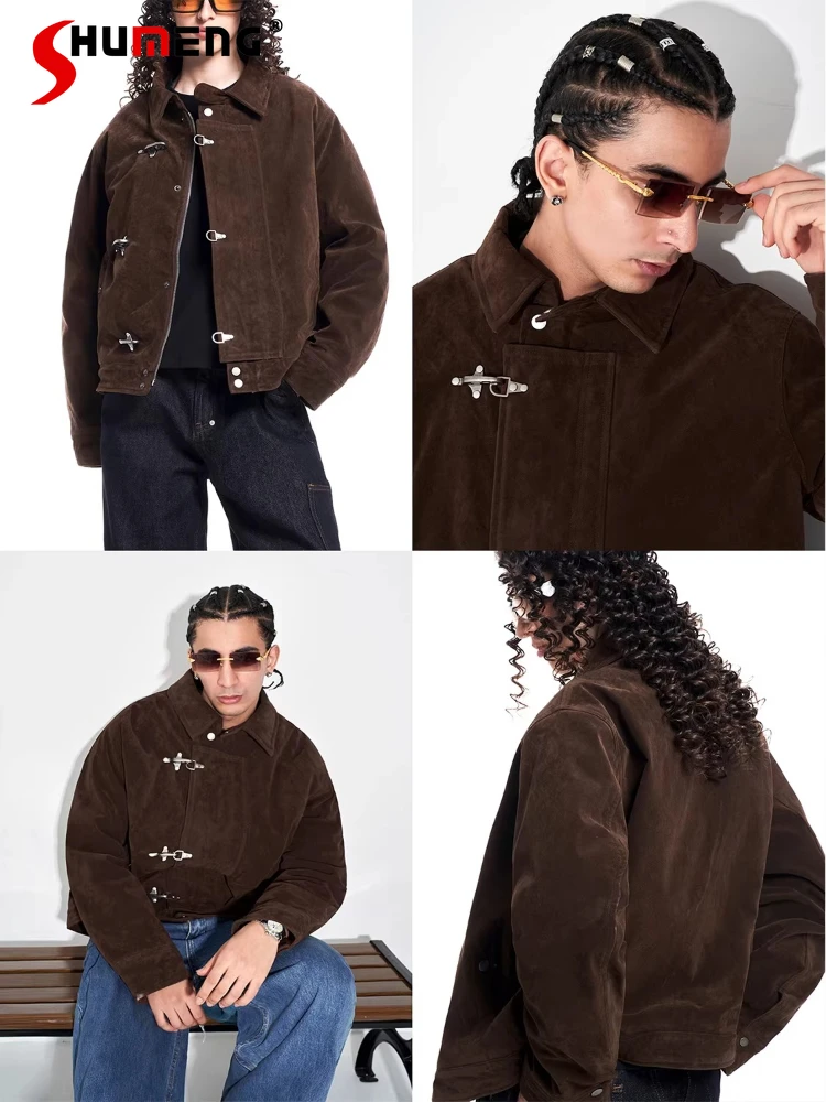 

Men's 2025 Winter New Fashion Airplane Buckle Lapel Jackets Men's Loose Comfort Faux Leather Jacket Coats Trendy Handsome Coats