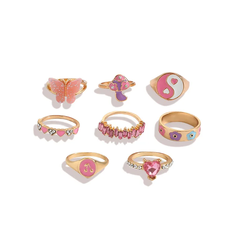 New Colorful Enamel Butterfly Kunckle Rings Set For Women Geometric Crystal Heart Mushroom Finger Ring Girls Bohemian Jewelry