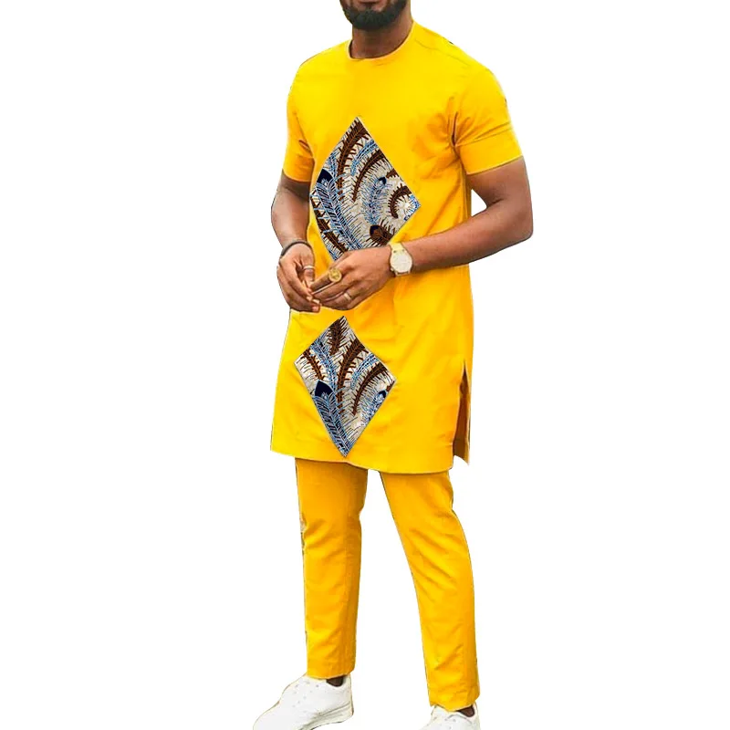 Conjunto de camiseta masculina rhombus, camiseta com calças de algodão amarelo africano estampado, roupa de casamento personalizada