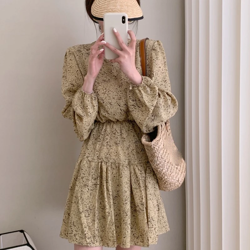 Slimming Floral Print Vintage Dr Women's High Waist A-Line Skirt Long Sve Bubble Sve Commute Sle Mid-Length Dr