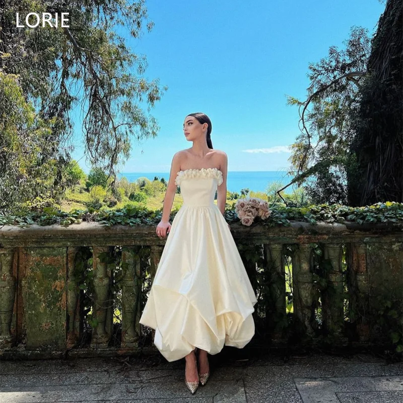 

LORIE A-Line Cream Satin Wedding Dresses Strapless Flowers Draped Bride Prom Gown Floor-Length Draped Bridal Gown Customized