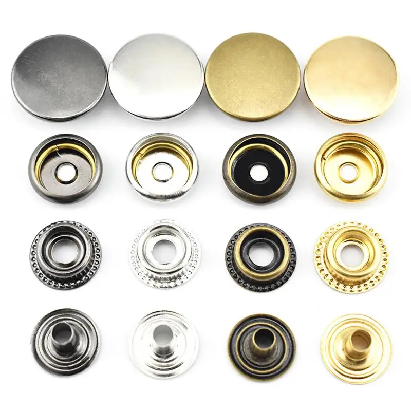 Metal Snap Fastener Button, Round Base Pins, Stud para bolsa de couro, roupas e jaqueta Repair Rivet, 201Tools, 10mm, 12mm, 15mm, 17mm, 20mm, 25 conjuntos por saco