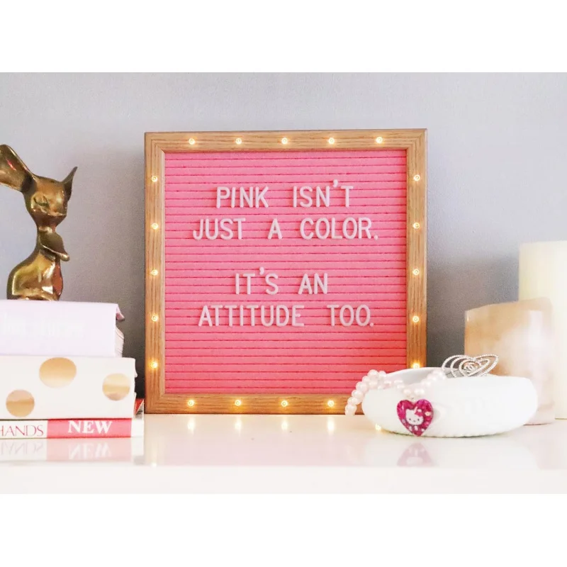 Letterbord Roze viltbord met standaard, ingebouwde LED-verlichting 10 x 10-Menu-bord + houten frame, 340 letters,