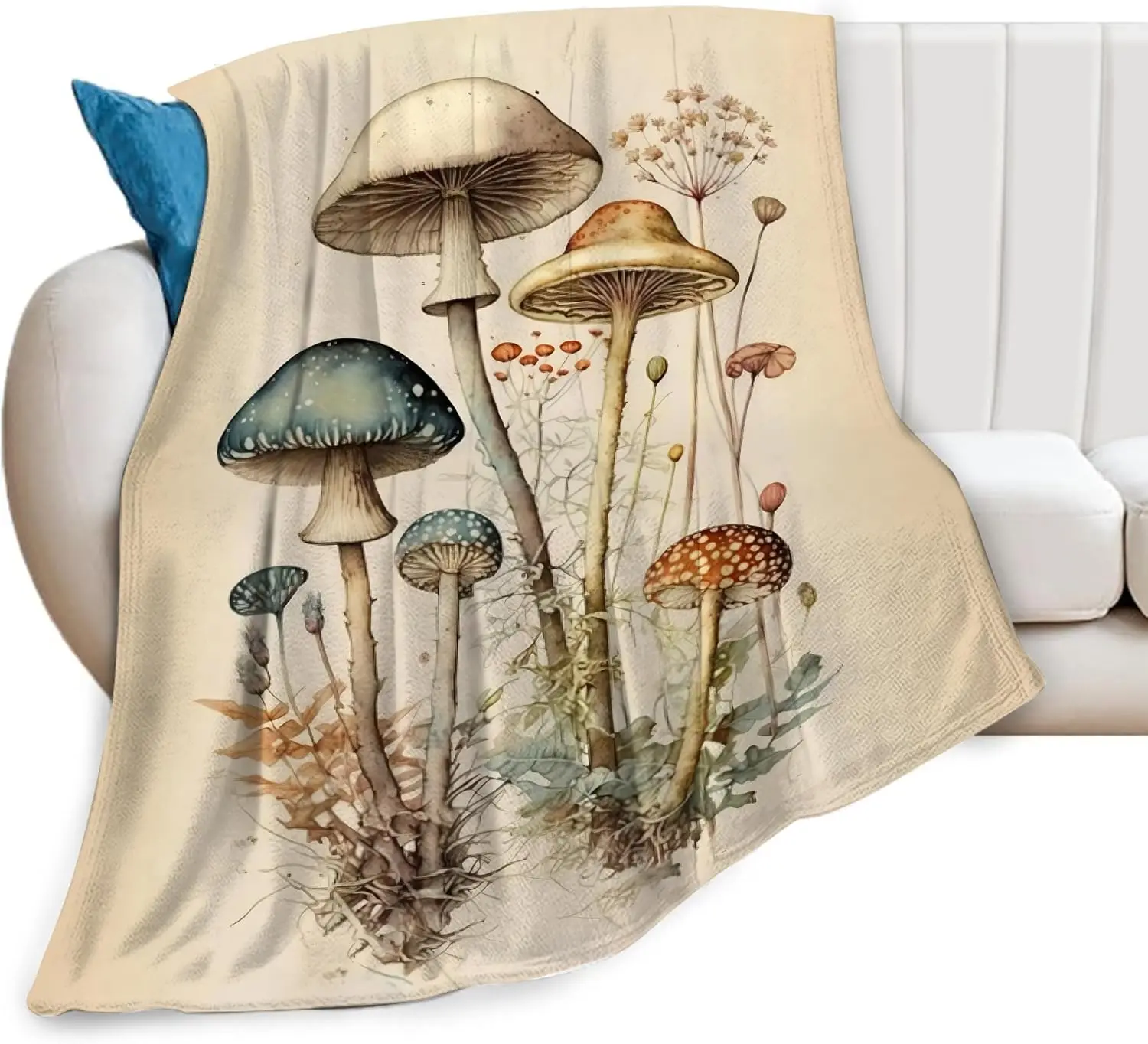 Antique Off White Watercolor Forest Mushroom Weed Root Plant Painting Flannel Blanket Cozy Throw for Couch Travel Indoor Home