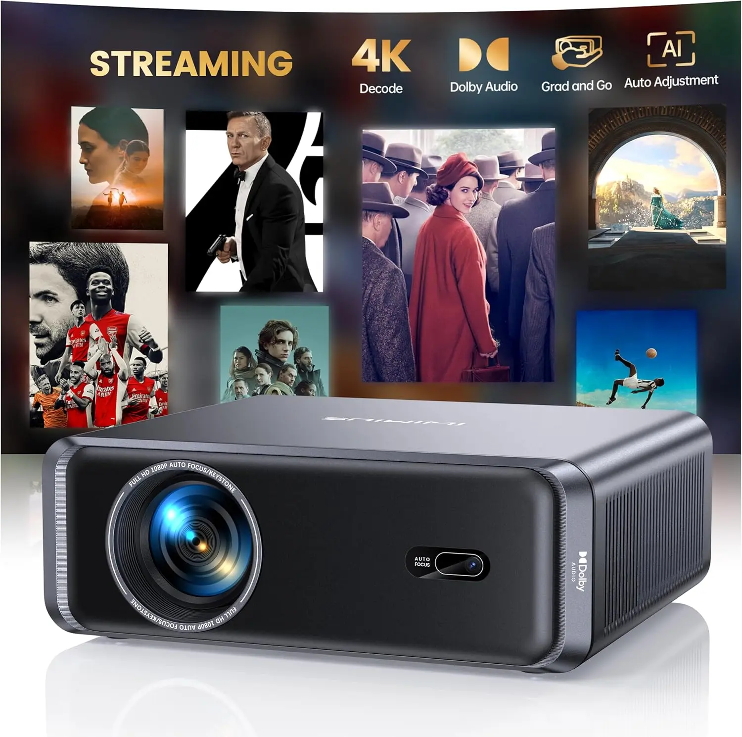 

Smart Projector with WiFi6, Bluetooth, 4K Netflix Support, Built-in Apps, AI Auto Focus - Portable Outdoor Home Theater