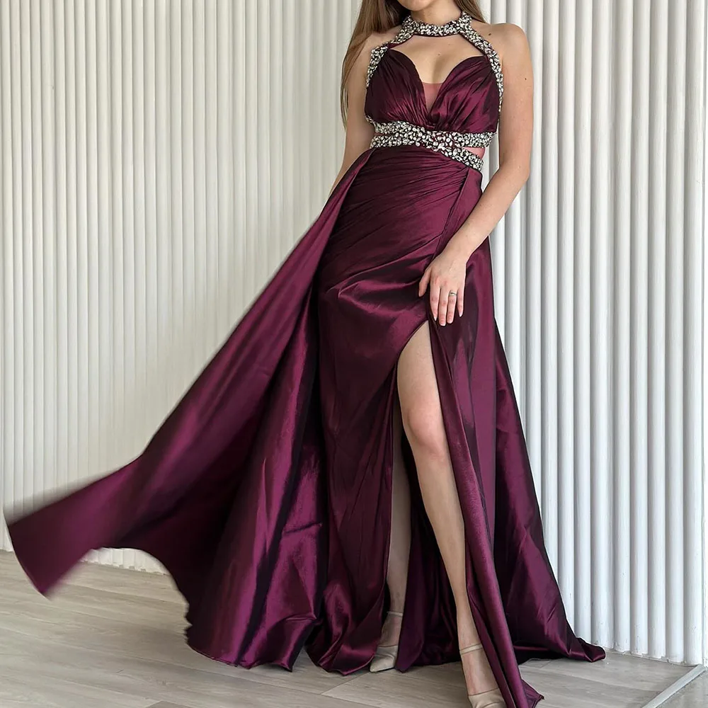 

Customized A-Line Prom Dresses Floor-Length High-Neck Sleeveless Evening Gown Fashion Crystal Simple Draped Backless Party Gown