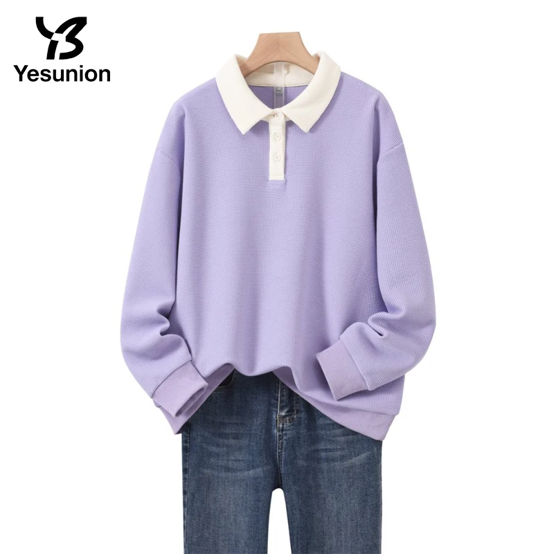 

Women‘s Spring and Autumn Minimalist Fashion Waffle Contrasting Polo Sweater Long Sleeved Casual Pullover Tops Versatile Hoodie