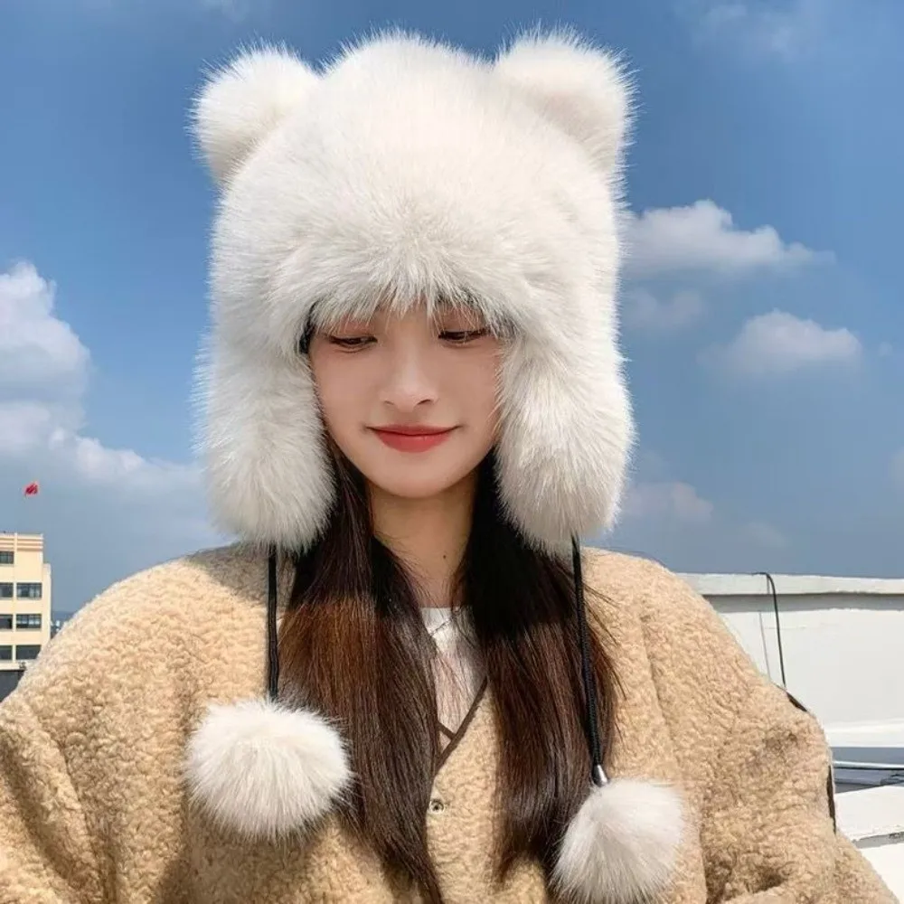 

Trendy Thickened Winter Hats for Women Keep Warm Windproof Furry Trapper Hat with Cute Tail Imitation Fox Fur Bomber Hat Winter