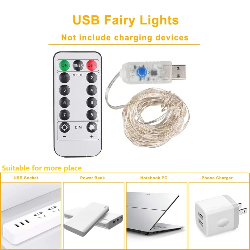 Led string luzes de fadas 5m 10m 20m fio cobre luzes por energia usb à prova dwaterproof água decoração guirlanda lâmpada para festa de casamento festival