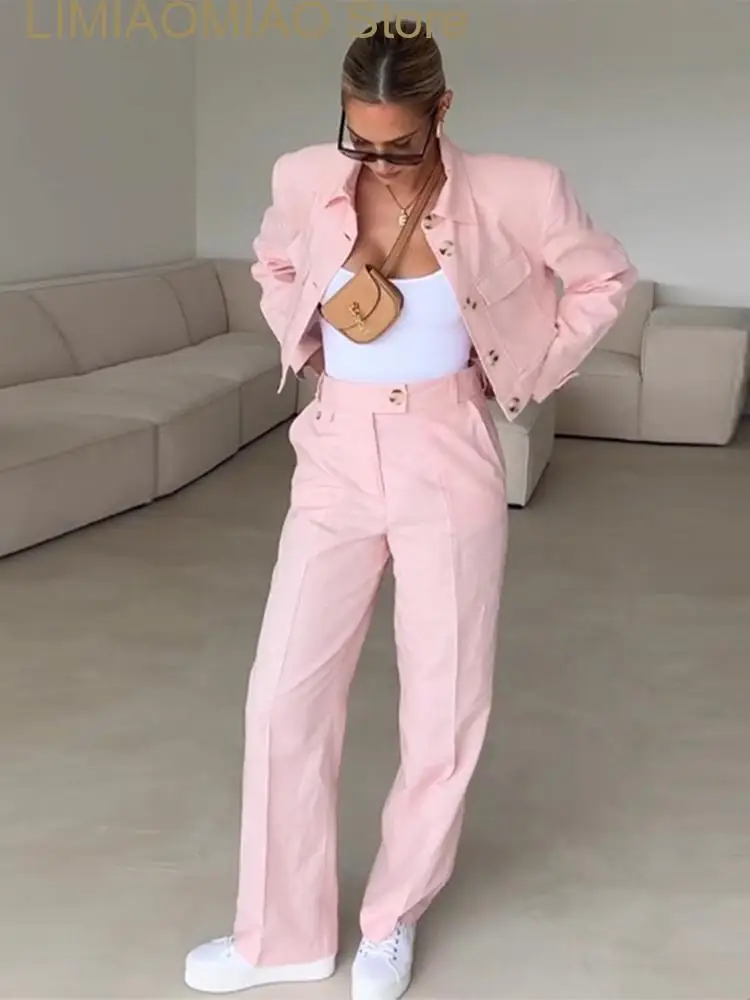 New Fashion Pink Pocket Cropped Jacket Long Pant Sets Summer Solid Blazer Tops Casual Pant Two Pieces Sets Female Chic Outfits