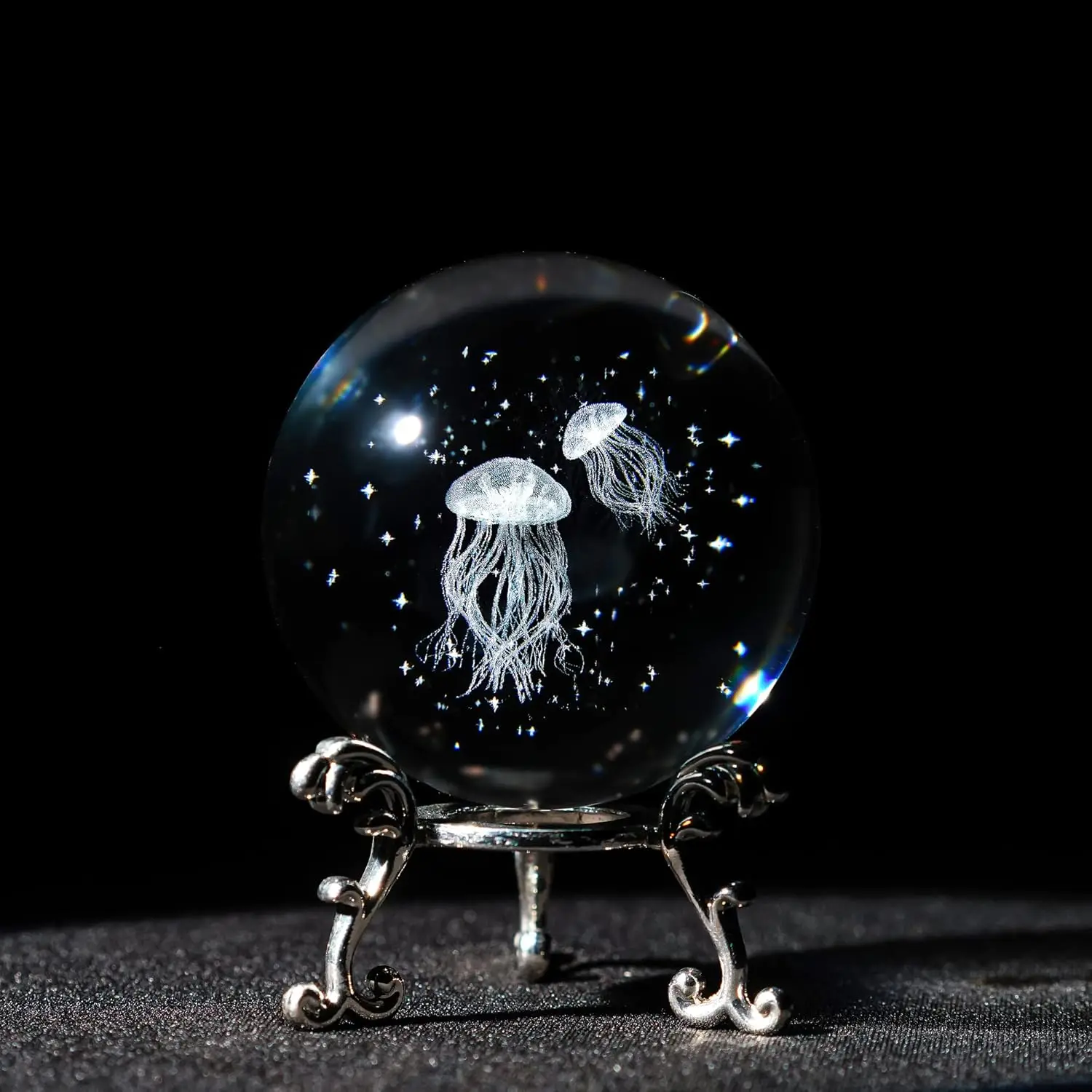 

3D Laser Engraved Jellyfish with Star Ocean 60mm Crystal Decorative Ball Figurine Glass Full Sphere with Silver Stand Home Decor