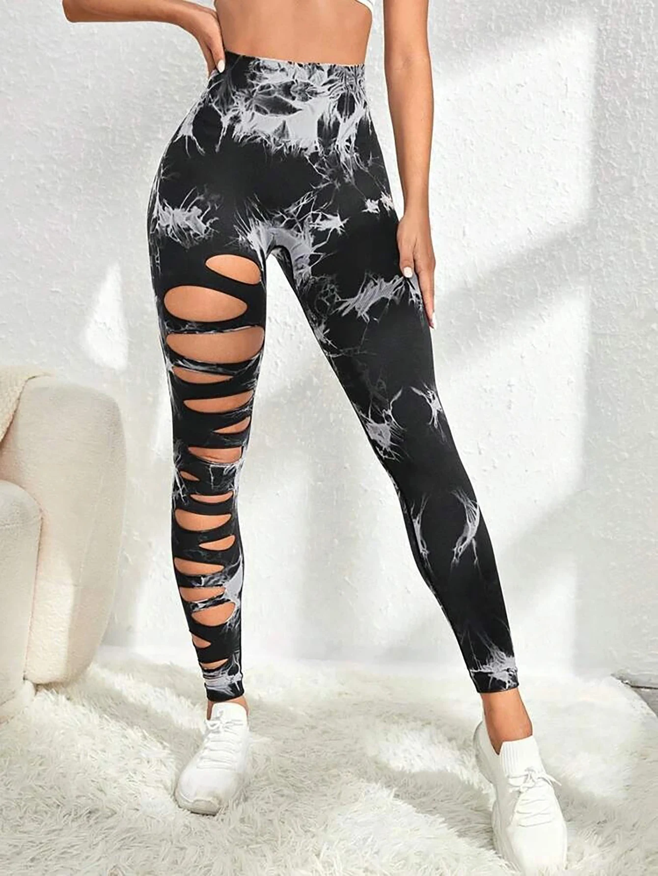 

US Local Women's fashion sports Yoga High Waist Tie Dye Print Ripped HollowLeggings Pants, Push Up Workout Sports Legging