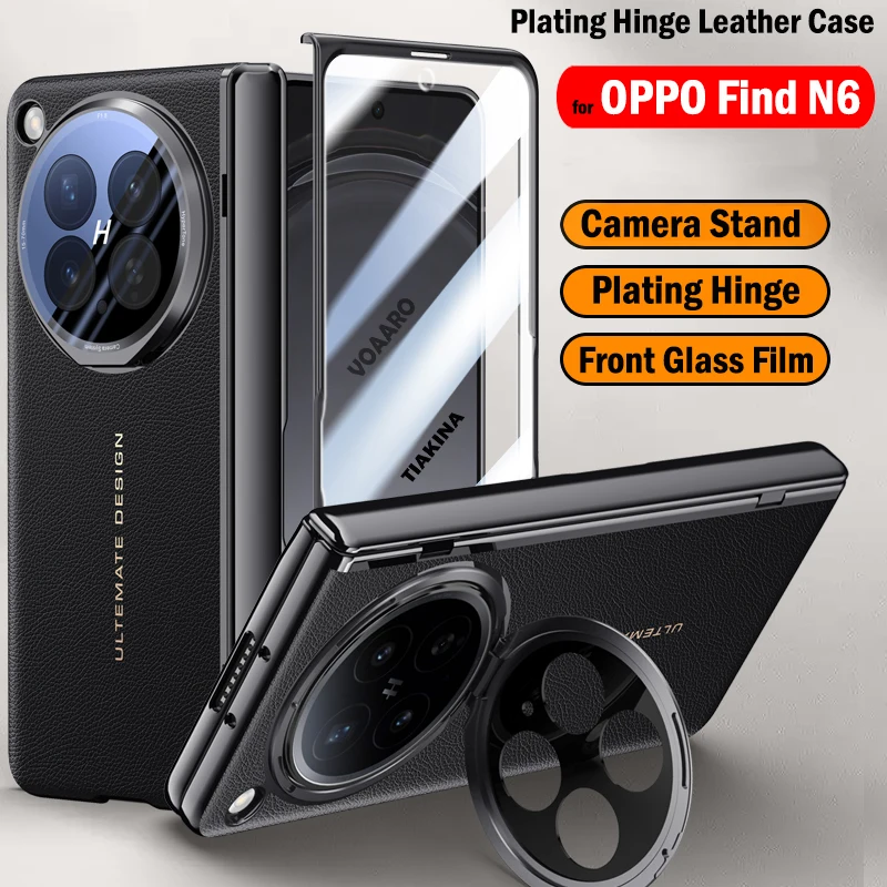 

Metal Camera Ring Stand Holder Cover for OPPO Find N6 5G Case Plating Hinge Leather funda with Front Screen Glass Film Protector