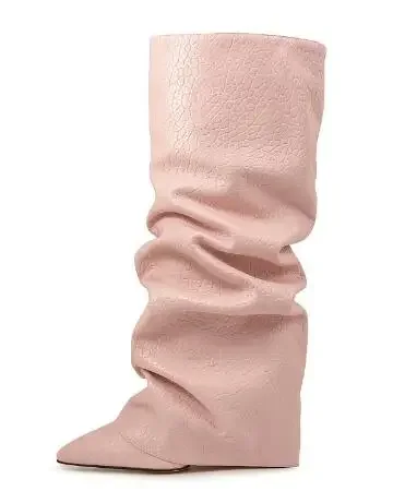 Retro Girls Brown Blue Pink Suede Leather Pointed Toe Square Heels Fold Slip On Pleated Knee High Boots Women Leisure Long Botas