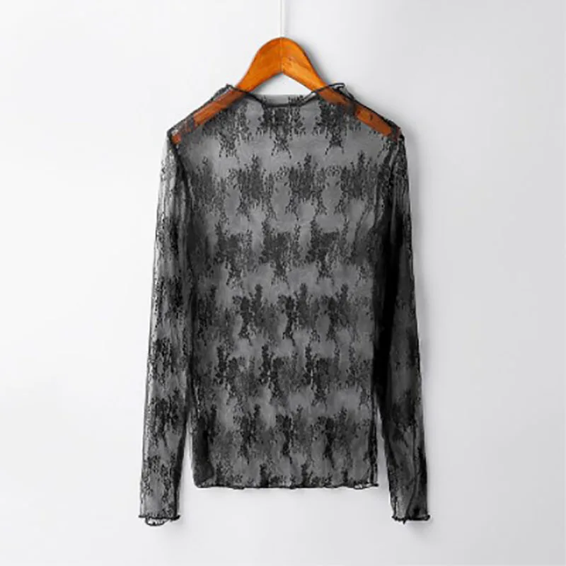 Comfortable Tanks semi high neck versatile transparent lace base shirt women new style sexy mesh long sleeves interior Camis