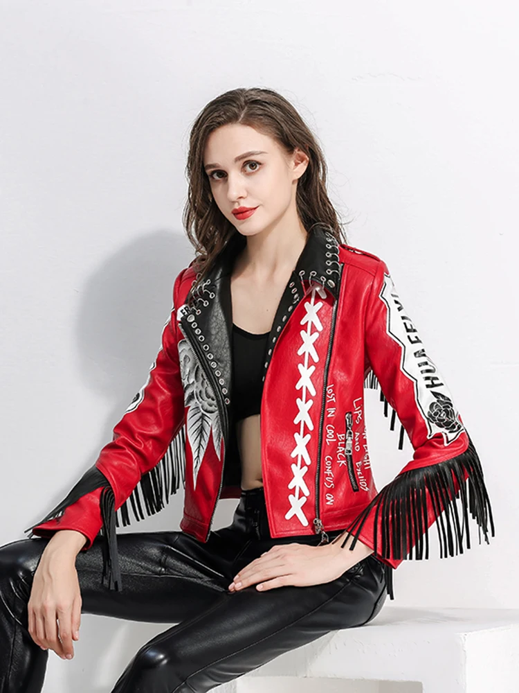 Genuine Leather Clothes Women\'s Red FashionGeometric Pattern Printing Tassel Rivets Accessories Short Pu Lapel Jacket SlimCasual