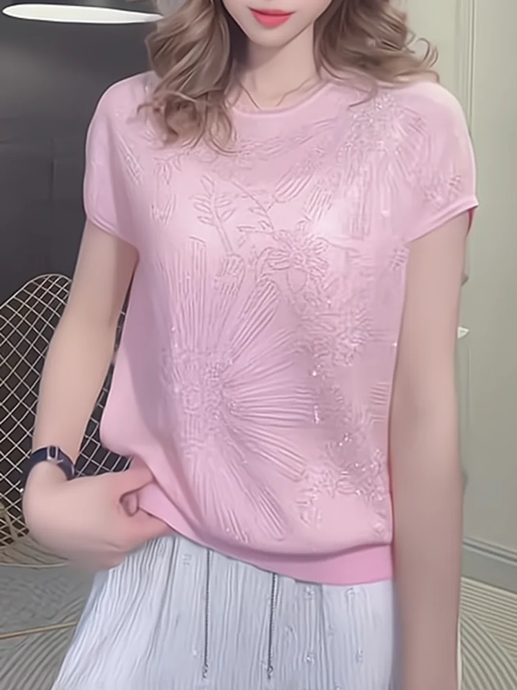 

Розовая футболка из ледяного шелка с блестками, модный свободный повседневный топ для создания молодежного образа, новинка лета, корейская версия GTUQ