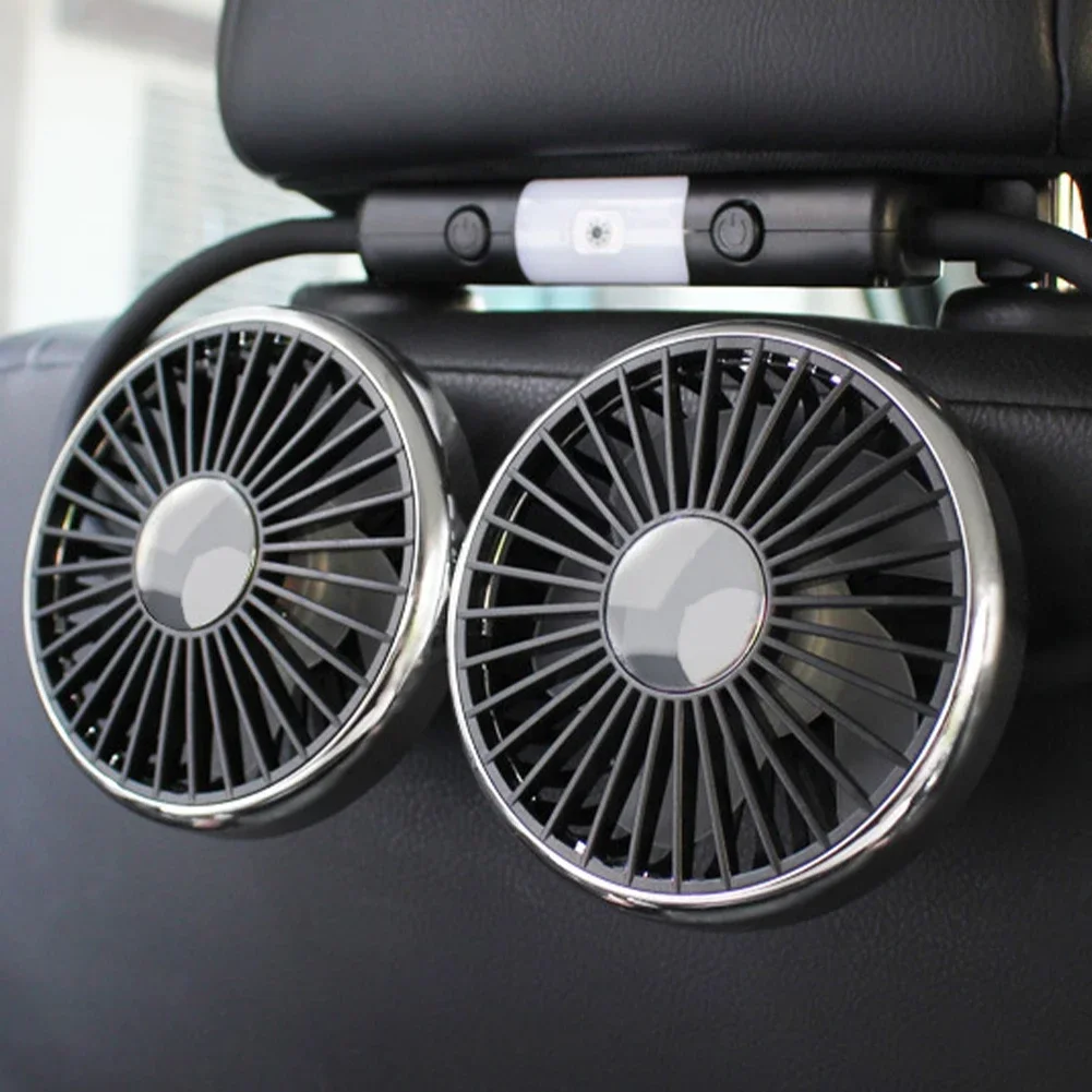 

360° Rotation Double Head Car Back Seat Fan 3-speed Wind Adjustment USB Auto Cooling Fans for Summer Car Accessorie
