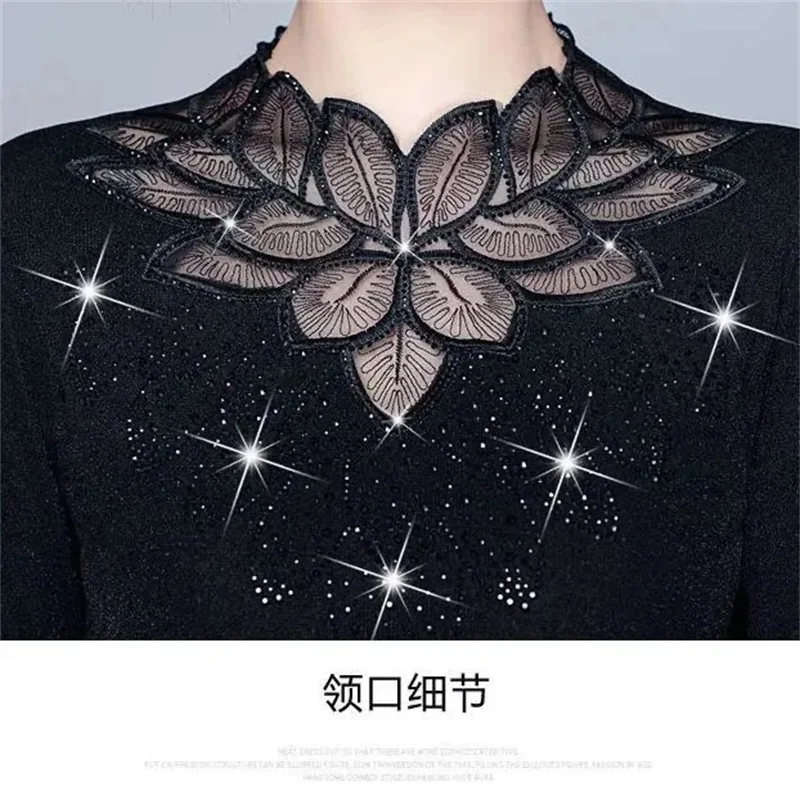 Spring And Summer Black Slim Fit Base Shirt For Women New Lace Style High-end Fashion Mesh And Western Dance Top