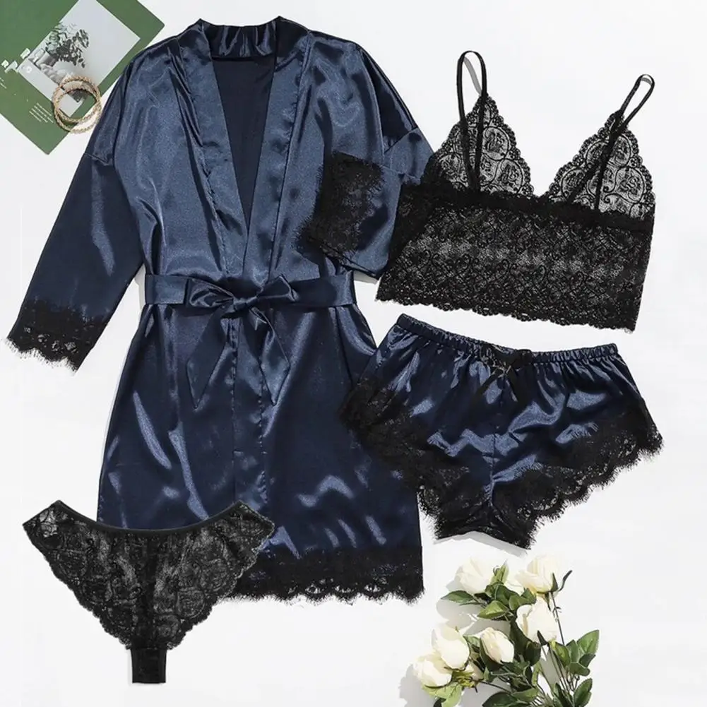 Black Sexy Women's Pajamas Satin 4-piece Lace Silk Suspender Tops Shorts Robe Pajamas Set Nightgown Underwear Nightdress Suit