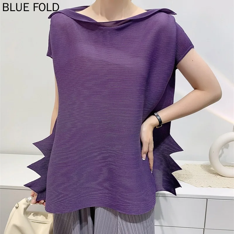 

MIYAKE-Toothpick Pleated Irregular T-shirt with Sleeves, Comfortable and Casual PLEATS, Top Designer, Summer, 2024