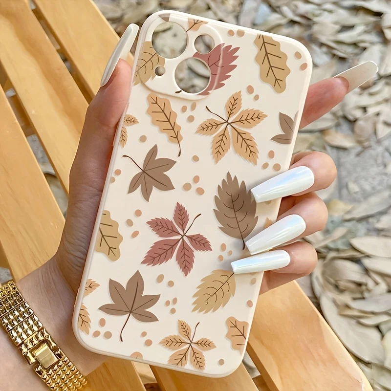 Vintage Neutral Autumn Maple Leaf Cream Beige Shockproof Phone Case For iPhone 17, 16, 15, 14, 13, 12, 11, etc