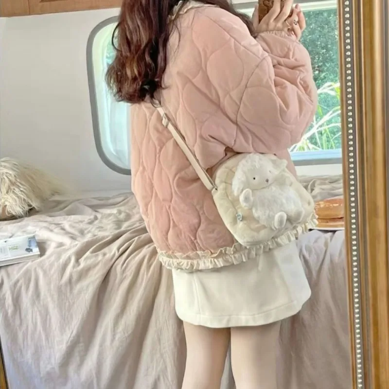 2023 New Women Down Cotton Coat Winter Jacket Female Student Short Parkas Loose Thick Outwear Design Feel Lace Sweet Overcoat