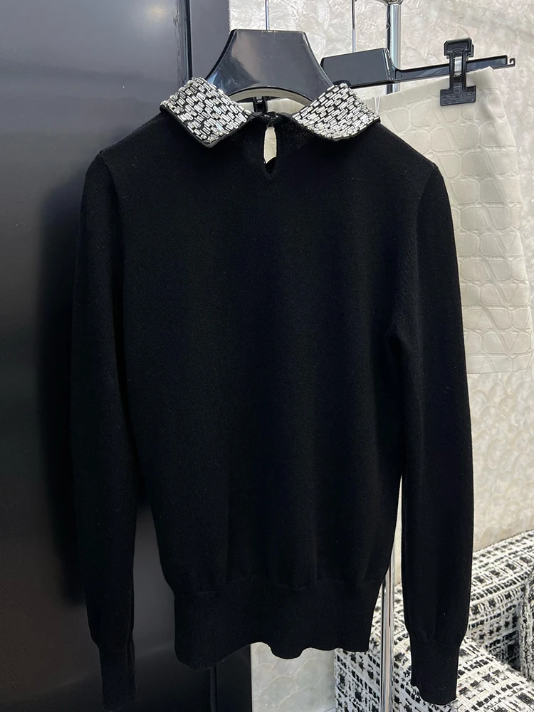 Fashion Runway Autumn Black Color Casual Pullovers Women's Turn-down Collar Metal Ornament Long Sleeve Loose Sweaters