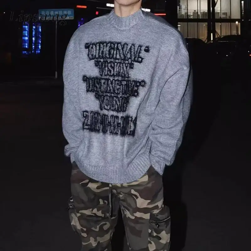 

Casual Mens Knit Pullover Tops Autumn Winter Stylish Letter Crochet Sweaters For Men Daily Leisure Crew Neck Jumpers Streetwear