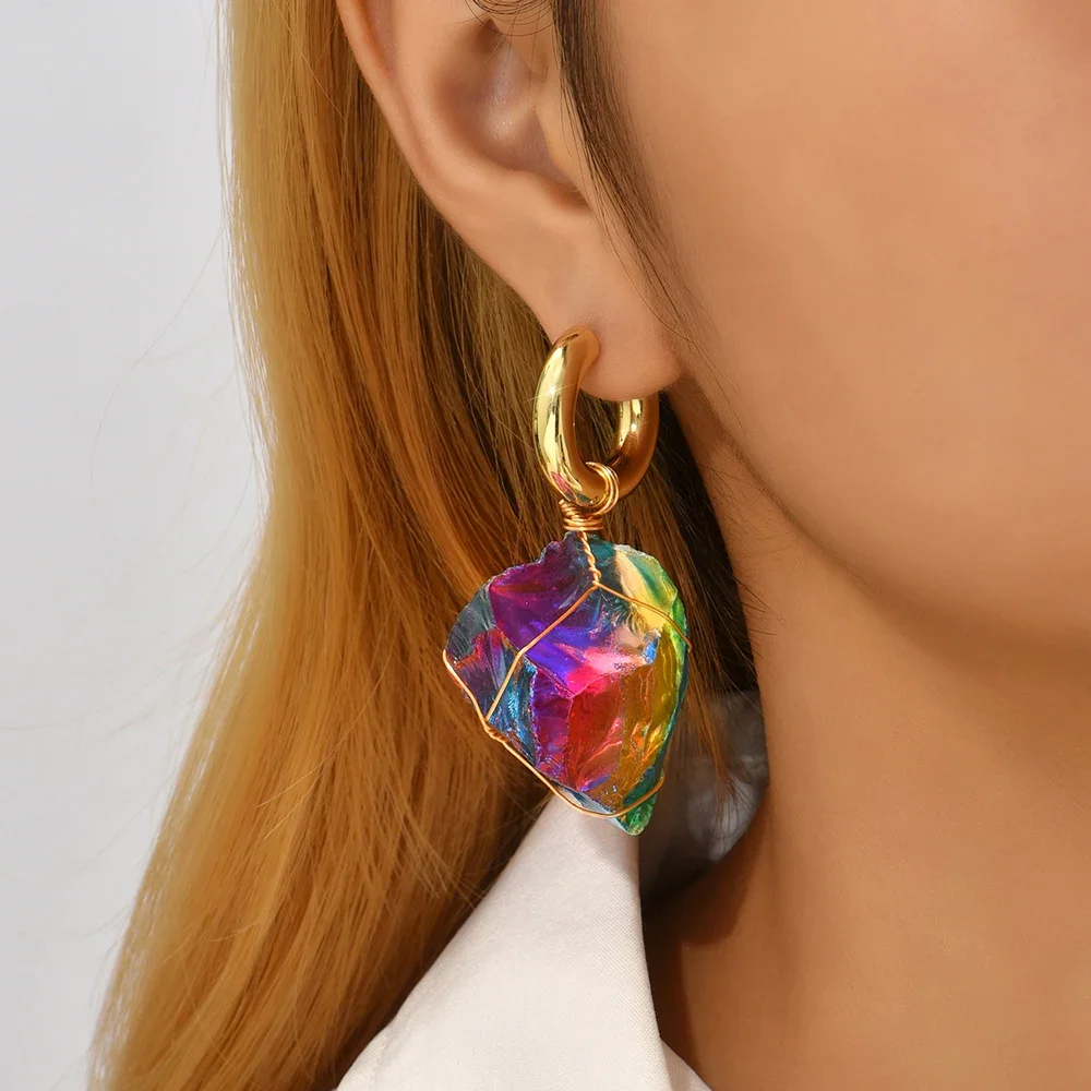 Trendy Colorful Color Stones Earrings Geometry Crystal Irregular Gemstones Dangle Drops Earrings for Women Unique Jewelry Gift