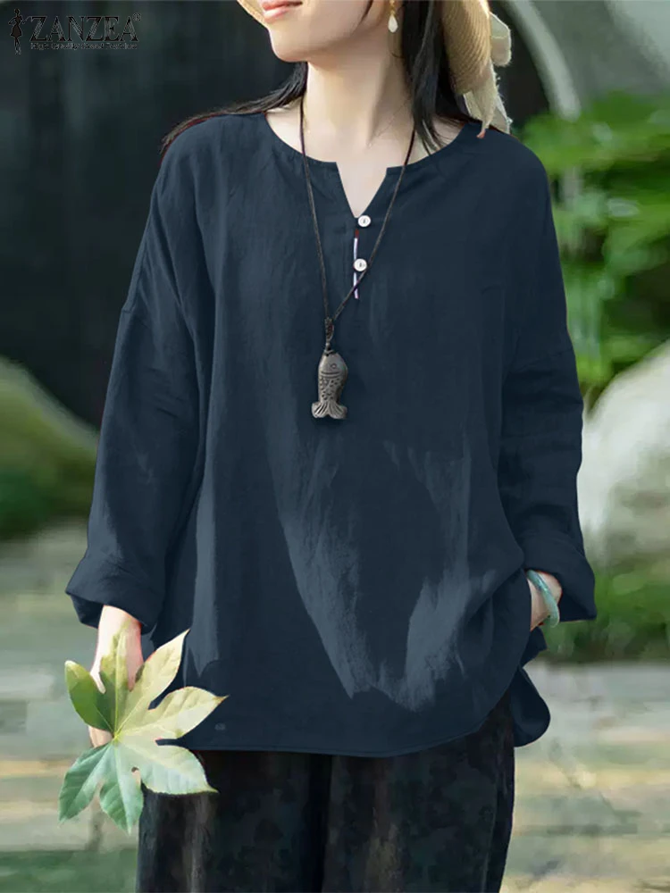 2023 ZANZEA Frauen Herbst Baumwolle Bluse Casual Langarm Tops Vintage Shirt V-ausschnitt Taste Blusas Weibliche Arbeit OL Shirts Oversize