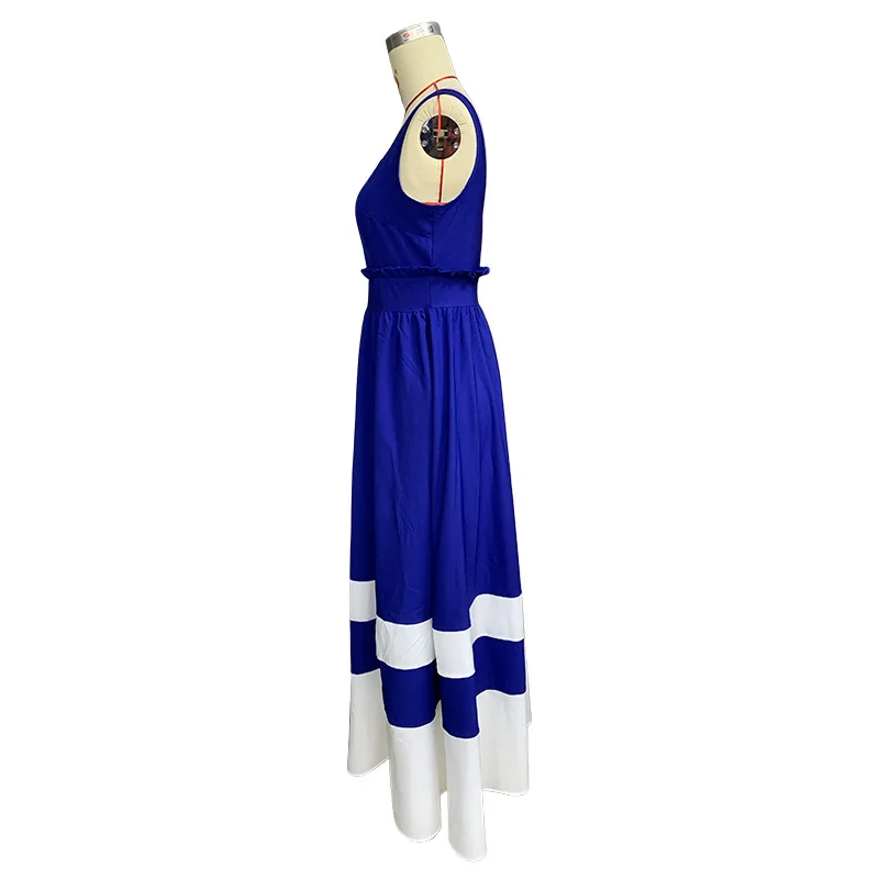 BAMBOOBOY Female Navy Beach Dress Fashion Casual Slash Neck Spaghetti Straps Summer Sleeveless High Waist Street Long Sundress