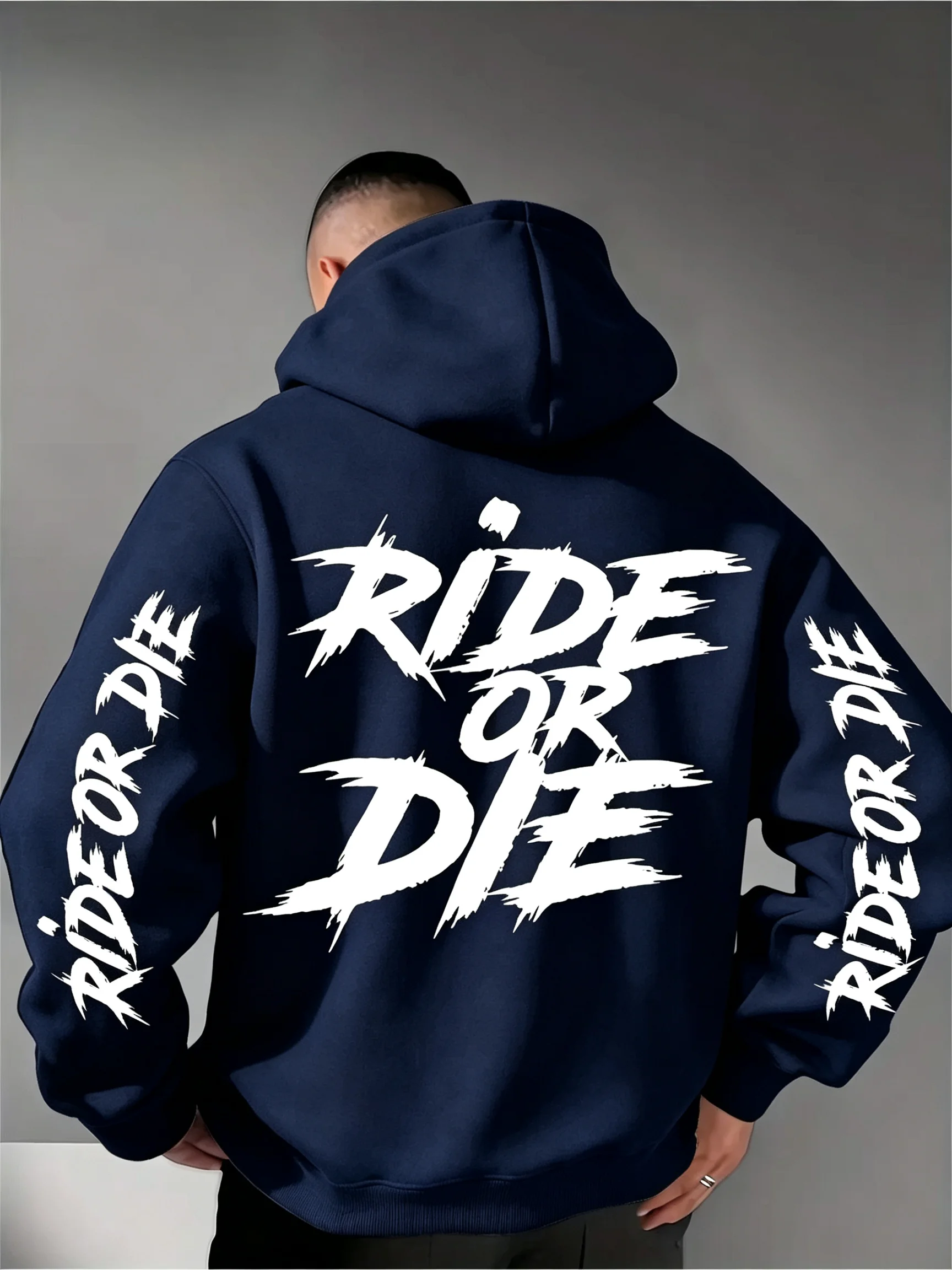 Herren Ride Or Die Hoodie Biker Motorrad Grafik Rücken- und Ärmel-Print Oversized Pullover Sweatshirt Streetwear Herbst Winter – Detail 9