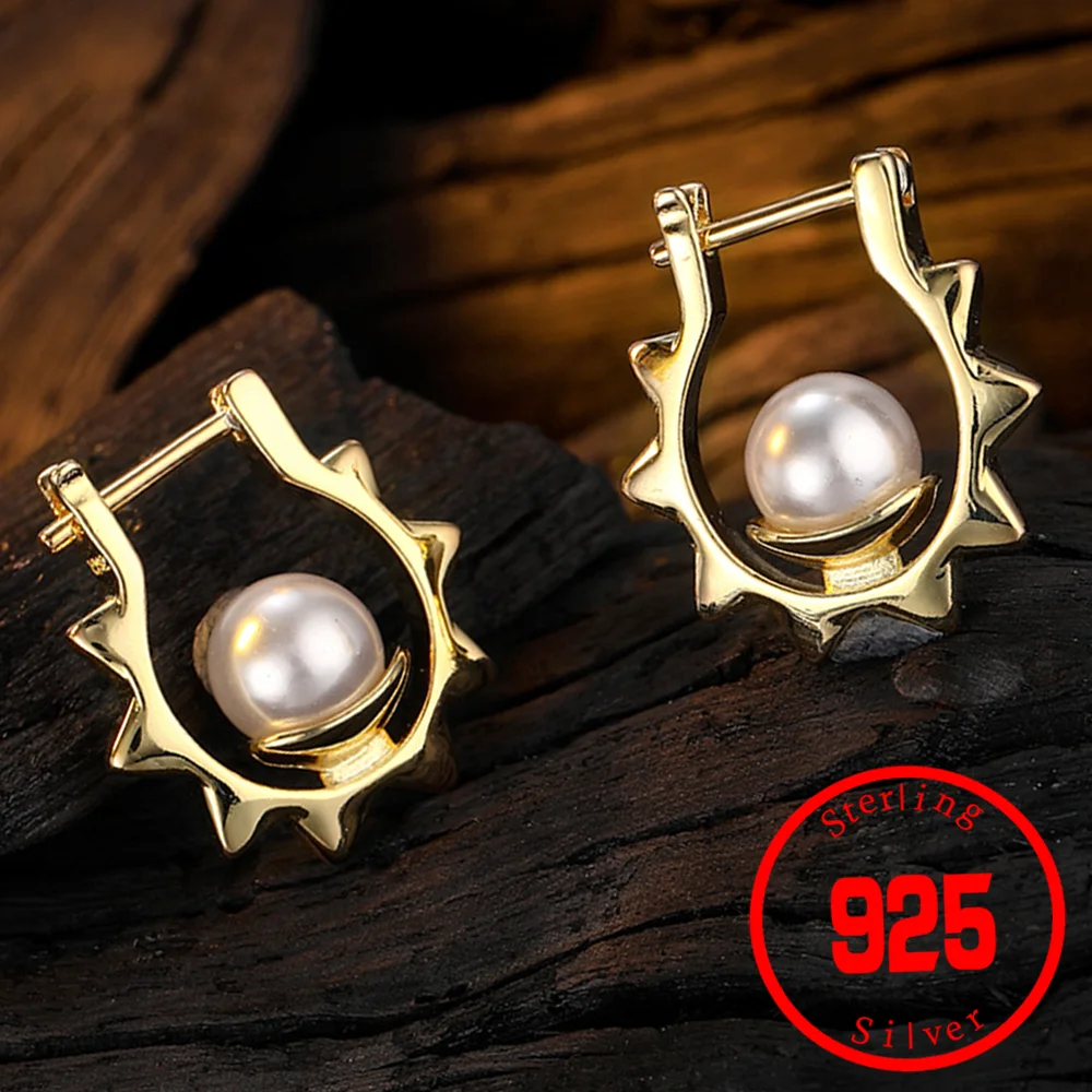 

Stamp 925 Sterling Silver Chic Charm Female Pearl Drop Earrings Korean Fashion Sun Earring Gold Color Jewelery