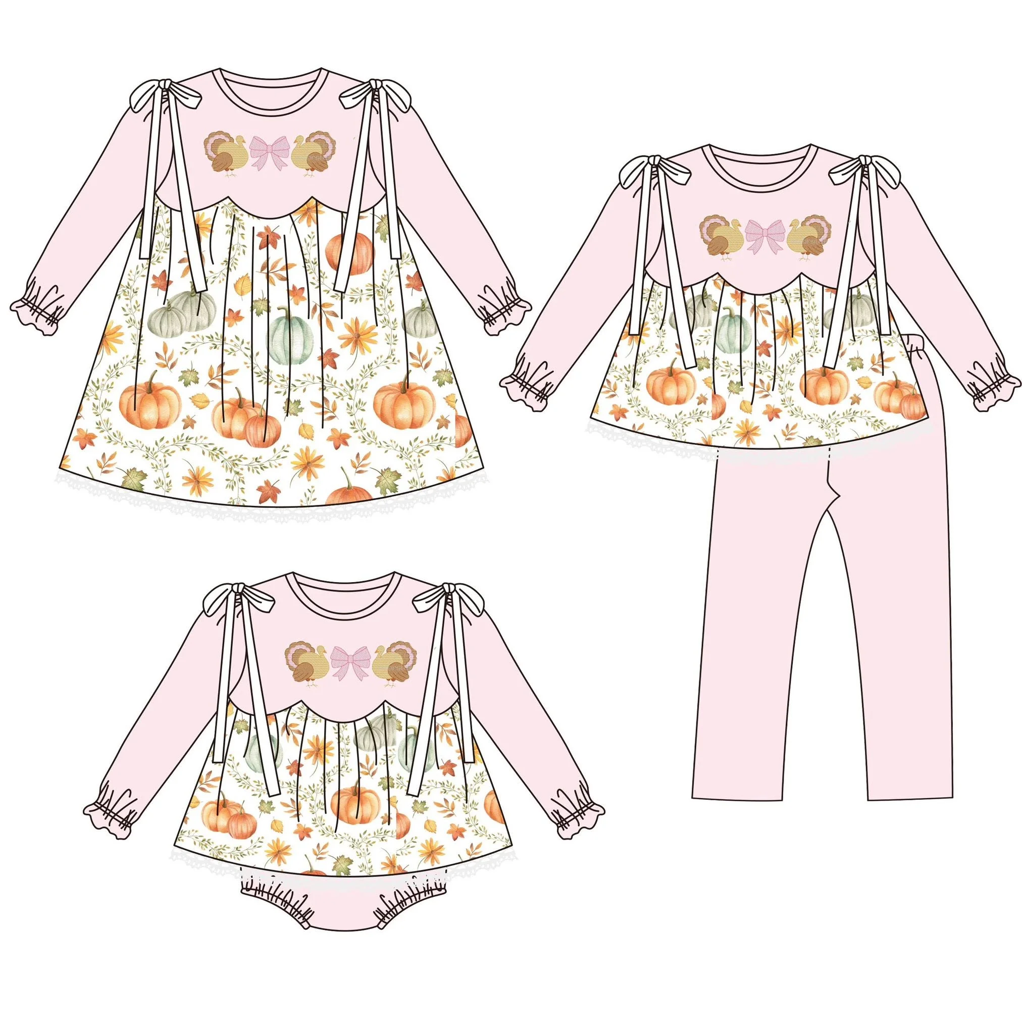 New Design Thanksgiving Outfit for Toddler Girls Long-Sleeve Bow Set Cartoon Turkey Pumpkin Print Girls Dress Romper Jumpsuit